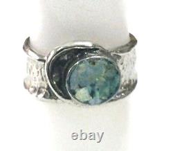 Roman Glass Sterling Silver925 Ring Antique Fragment 200 BC Bluish Patina Size8