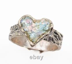 Roman Glass Sterling Silver 925 Heart Ring Ancient Bluish Fragment 200 B. C Size7
