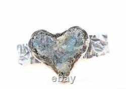 Roman Glass Sterling Silver 925 Heart Ring Ancient Bluish Fragment 200 B. C Size7