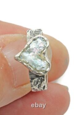 Roman Glass Sterling Silver 925 Heart Ring Ancient Bluish Fragment 200 B. C Size7