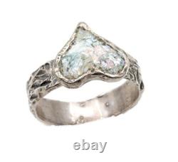 Roman Glass Sterling Silver 925 Heart Ring Ancient Bluish Fragment 200 B. C Size7