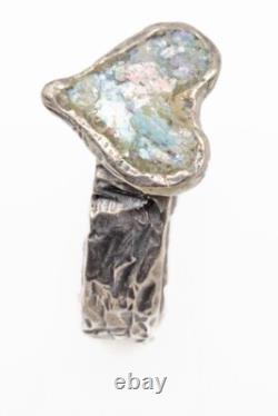Roman Glass Sterling Silver 925 Heart Ring Ancient Bluish Fragment 200 B. C Size7
