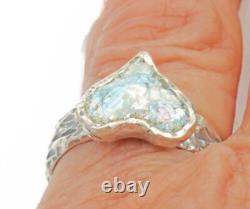 Roman Glass Sterling Silver 925 Heart Ring Ancient Bluish Fragment 200 B. C Size7