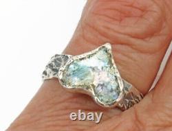 Roman Glass Sterling Silver 925 Heart Ring Ancient Bluish Fragment 200 B. C Size8