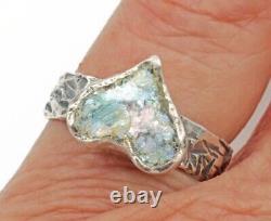 Roman Glass Sterling Silver 925 Heart Ring Ancient Bluish Fragment 200 B. C Size8