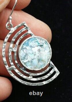 Roman Glass Sterling Silver 925 Hook Earrings Ancient Authentic Fragment 200 B. C