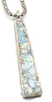 Roman Glass Sterling Silver 925 Pendent Ancient Fragment 200 B. C Bluish Patina