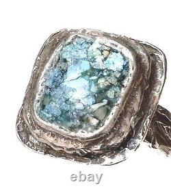 Roman Glass Sterling Silver 925 Ring Ancient Fragment 200 BC Bluish Patina Size7