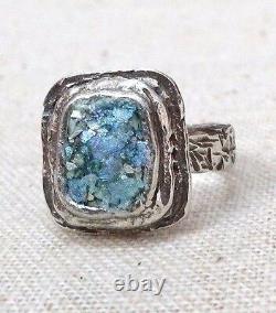 Roman Glass Sterling Silver 925 Ring Ancient Fragment 200 BC Bluish Patina Size7