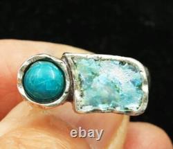 Roman Glass Sterling Silver 925 Ring Ancient Fragment 200 B. C Bluish Patina Si9