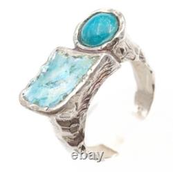 Roman Glass Sterling Silver 925 Ring Ancient Fragment 200 B. C Bluish Patina Si9