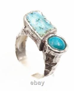 Roman Glass Sterling Silver 925 Ring Ancient Fragment 200 B. C Bluish Patina Si9