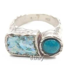 Roman Glass Sterling Silver 925 Ring Ancient Fragment 200 B. C Bluish Patina Si9