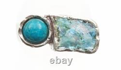 Roman Glass Sterling Silver 925 Ring Ancient Fragment 200 B. C Bluish Patina Si9