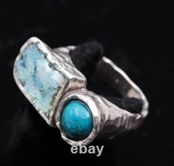 Roman Glass Sterling Silver 925 Ring Ancient Fragment 200 B. C Bluish Patina Si9