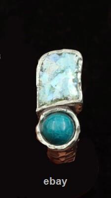 Roman Glass Sterling Silver 925 Ring Ancient Fragment 200 B. C Bluish Patina Si9