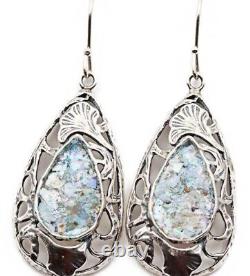 Roman Glass Sterling Silver Earrings 925 Ancient Fragments Roman Glass 200 B. C