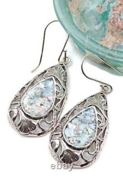 Roman Glass Sterling Silver Earrings 925 Ancient Fragments Roman Glass 200 B. C