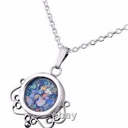 Roman Glass Sterling Silver Pendant Circular Filigree Round Necklace Women Gift