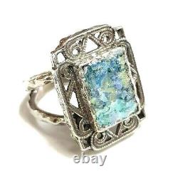 Roman Glass Sterling Silver Ring 925 Ancient Fragment 200 BC Bluish Patina Size9