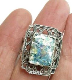 Roman Glass Sterling Silver Ring 925 Ancient Fragment 200 BC Bluish Patina Size9