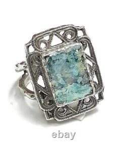 Roman Glass Sterling Silver Ring 925 Ancient Fragment 200 BC Bluish Patina Size9