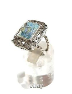 Roman Glass Sterling Silver Ring 925 Ancient Fragment 200 BC Bluish Patina Size9