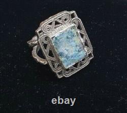 Roman Glass Sterling Silver Ring 925 Ancient Fragment 200 BC Bluish Patina Size9