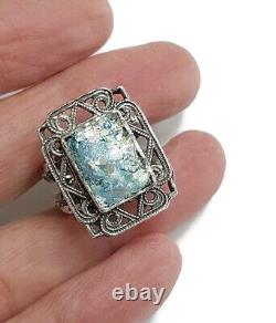 Roman Glass Sterling Silver Ring 925 Ancient Fragment 200 BC Bluish Patina Size9