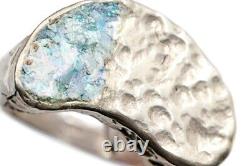 Roman Glass Sterling Silver Ring Ancient Fragment 200 B. C Bluish Patina Size8