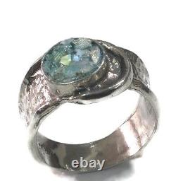 Roman Glass Sterling Silver Ring Ancient Fragments 200 B. C Bluish Patina Size9