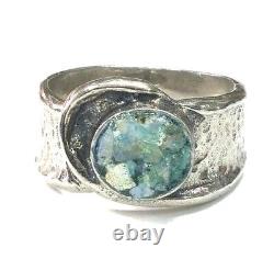 Roman Glass Sterling Silver Ring Ancient Fragments 200 B. C Bluish Patina Size9