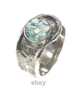 Roman Glass Sterling Silver Ring Ancient Fragments 200 B. C Bluish Patina Size9