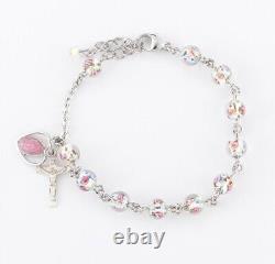 Rose Embedded Round Murano Glass Sterling Silver Rosary 6mm Religious Bracelet