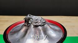 Ruby Red Glass Bowl Dish With Sterling Cow Finial Thomas Bradbury Sons 19th Cent