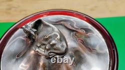 Ruby Red Glass Bowl Dish With Sterling Cow Finial Thomas Bradbury Sons 19th Cent