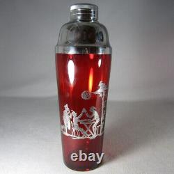 Ruby Red Glass Sterling Silver Overlay Cocktail Shaker Art Deco Tavern Squirrel