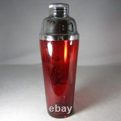 Ruby Red Glass Sterling Silver Overlay Cocktail Shaker Art Deco Tavern Squirrel