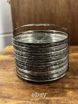 STERLING SILVER RIMS & Starburst Cut GLASS SET OF 8 COASTERS + Holder Monogram D