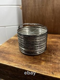 STERLING SILVER RIMS & Starburst Cut GLASS SET OF 8 COASTERS + Holder Monogram D