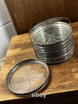 STERLING SILVER RIMS & Starburst Cut GLASS SET OF 8 COASTERS + Holder Monogram D