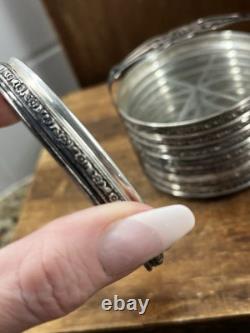 STERLING SILVER RIMS & Starburst Cut GLASS SET OF 8 COASTERS + Holder Monogram D