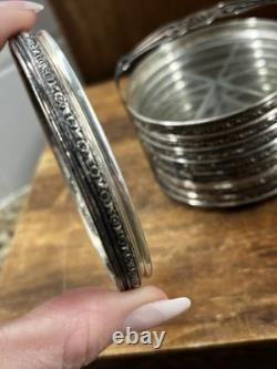 STERLING SILVER RIMS & Starburst Cut GLASS SET OF 8 COASTERS + Holder Monogram D