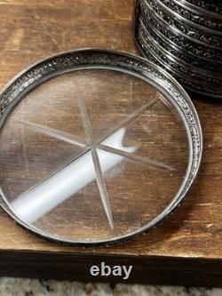 STERLING SILVER RIMS & Starburst Cut GLASS SET OF 8 COASTERS + Holder Monogram D