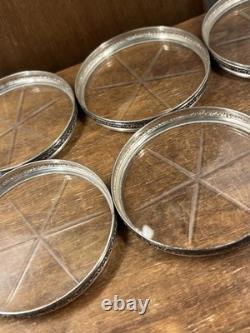 STERLING SILVER RIMS & Starburst Cut GLASS SET OF 8 COASTERS + Holder Monogram D
