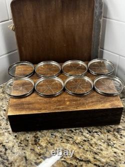 STERLING SILVER RIMS & Starburst Cut GLASS SET OF 8 COASTERS + Holder Monogram D