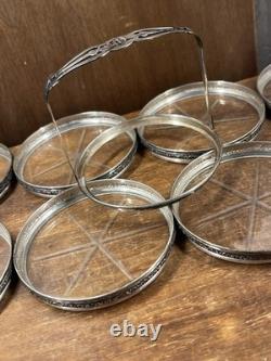 STERLING SILVER RIMS & Starburst Cut GLASS SET OF 8 COASTERS + Holder Monogram D