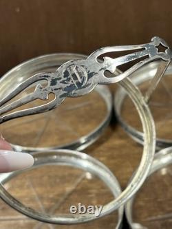 STERLING SILVER RIMS & Starburst Cut GLASS SET OF 8 COASTERS + Holder Monogram D