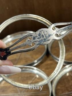 STERLING SILVER RIMS & Starburst Cut GLASS SET OF 8 COASTERS + Holder Monogram D