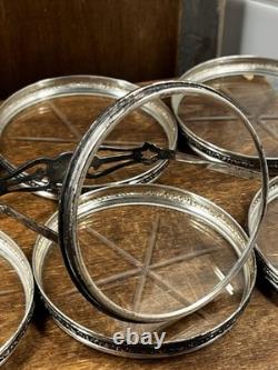 STERLING SILVER RIMS & Starburst Cut GLASS SET OF 8 COASTERS + Holder Monogram D